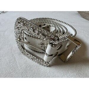 Rhinestone Belt White And Silver Womens/Mens Bling Belt With Sparkle Crystals